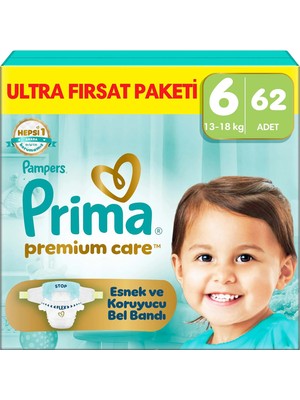 Prima Premium Care Ultra Fırsat Paketi 6 Numara 62 Adet Bantlı Bebek Bezi 13 - 18 kg İçin