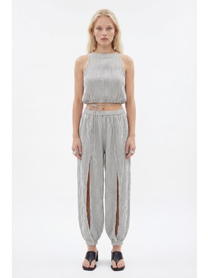 İkikız Crinkle Siyah Çizgili Jogger Pantolon