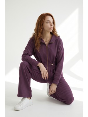 Purpleclo Kadın Kapüşonlu Çizgili Modal Kumaş Spor Alt Üst Sweatshirt Eşofman Takım