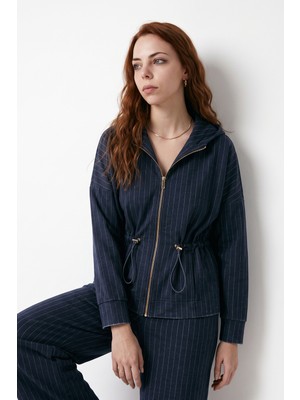 Purpleclo Kadın Kapüşonlu Çizgili Modal Kumaş Spor Alt Üst Sweatshirt Eşofman Takım
