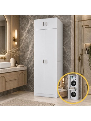 Rani Mobilya Rani KD141 Çamaşır ve Kurutma Makinesi Dolabı 2 Kapaklı Çekmeceli Raflı Banyo Dolabı Beyaz
