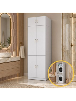 Rani Mobilya Rani KD142 Çamaşır ve Kurutma Makinesi Dolabı 6 Kapaklı Çekmeceli Raflı Banyo Dolabı Beyaz