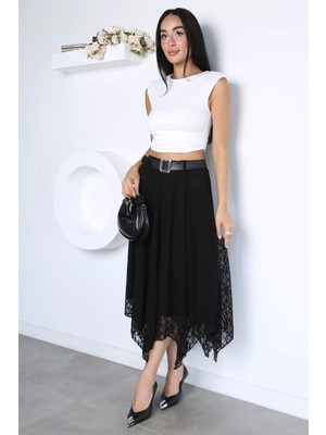 Gülseli Kadın Bel Lastikli Kemerli Tül Flog Etek P-00021739