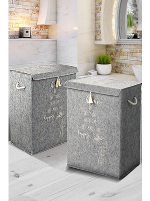 Meleni Home 2'li Set Keçe Kapaklı Kirli Çamaşır Sepeti - Çok Amaçlı Saklama Kutusu Mega Hurç 55 x 41 x 30 cm