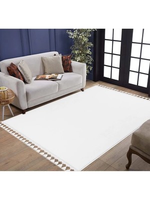Valery Home Comfort Puffy Peluş Halı Modern Beyaz Pon Pon Saçaklı Yıkanabilir Kaymaz Taban