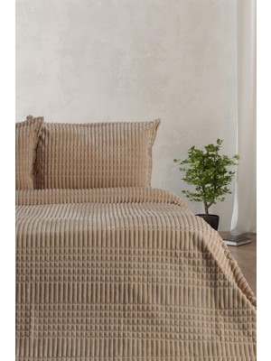 Merinos Line 3 Parça Bej Renkli Desenli Battaniye Seti Yumuşak Doku 220 x 240 cm