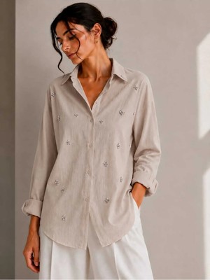 Taş Aksesuarlı Oversize Gömlek
