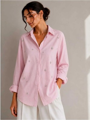 Yumey Taş Aksesuarlı Oversize Gömlek