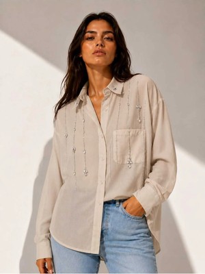 Yumey Taş Aksesuarlı Oversize Gömlek