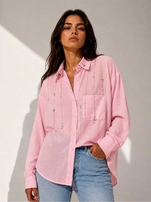 Yumey Taş Aksesuarlı Oversize Gömlek