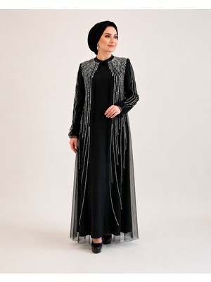 Belirtilmemiş 5008 Kolu Omzu Aşağıya Kadar Taş Detaylı Üstü Tül Içi Sandy Abaya #02-25#