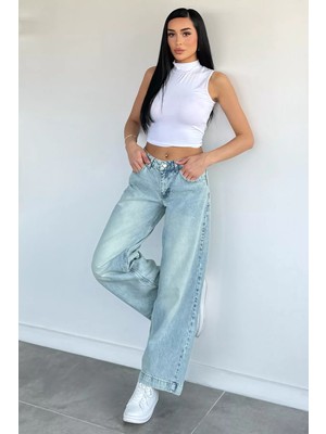 Gülseli Kadın Modern Stil Bol Paça Yıkamalı Jean Kot Pantolon P-00021555