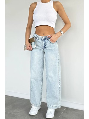 Gülseli Kadın Modern Stil Bol Paça Yıkamalı Jean Kot Pantolon P-00021555