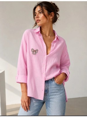Pembe Taş Aksesuarlı Oversize Gömlek
