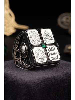Prestige Gümüş Hasbiyallah ve Mührü Şerif ve La Galibe Illallah ve Maşallah Yazlı Gümüş Erkek Yüzüğü