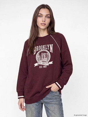 LC Waikiki Mürdüm Baskılı Oversize Kadın Sweatshirt Tunik  (W6)