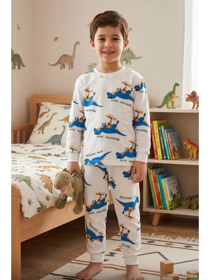 Bunny Hopp Erkek Çocuk Dinozor Desenli Pijama Takımı %100 Pamuk Beyaz Uzun Kollu Ev Giyimi