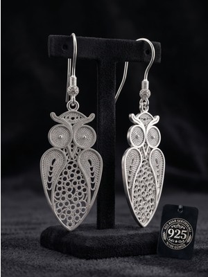 Roza Silver 925 Ayar Gümüş Geleneksel Telkari Işlemeli Baykuş Sallantılı Küpe
