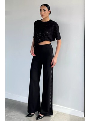 Gülseli Kadın Bel Lastikli Taş Işlemeli Likralı Pantolon P-00021329