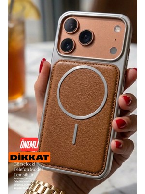 Emybox iPhone 15 Pro Max Magsafe Özellikli Arkası Deri Metalik Kenarlı Yumuşak Silikon Telefon Kılıfı