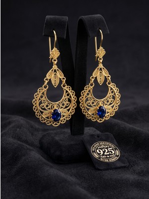 Roza Silver 925 Ayar Gümüş Geleneksel Telkari Işlemeli Gold Safir Taşlı Sallantılı Küpe