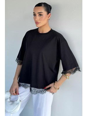 Gülseli Kadın Bisiklet Yaka Dantel Detaylı Tişört P-00021455