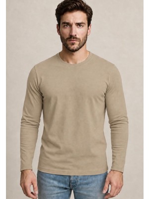Axxel Erkek Bej Pamuklu Likralı Süprem Uzun Kollu T-SHIRT-D240