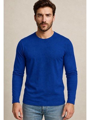 Axxel Erkek Koyu İndigo Pamuklu Likralı Süprem Uzun Kollu T-SHIRT-D240