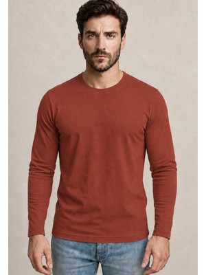 Axxel Erkek Kiremit Turuncu Pamuklu Likralı Süprem Uzun Kollu T-SHIRT-D240