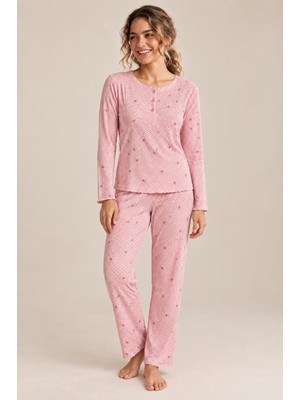 Cotonhause Kadın Uzun Kol Yarım Patlı Raporlu Interlok Pembe Pijama Takımı C9T2N98