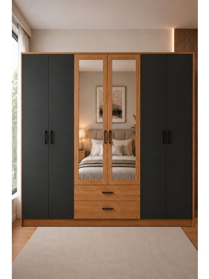 Metalia Gm 1008 Diamond 6 Kapaklı 2 Çekmeceli Antrasit Gri-Sonomo Gardırop