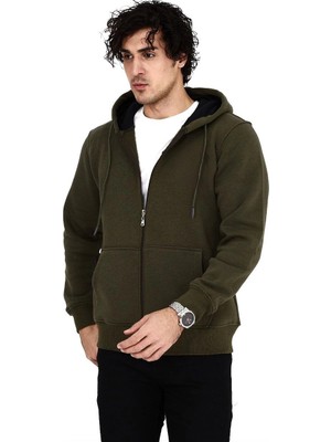 Tarz Yeri Erkek 3 Iplik Pamuklu Kapüşonlu Tam Fermuarlı Cepli Hoodie Sweatshirt - Haki