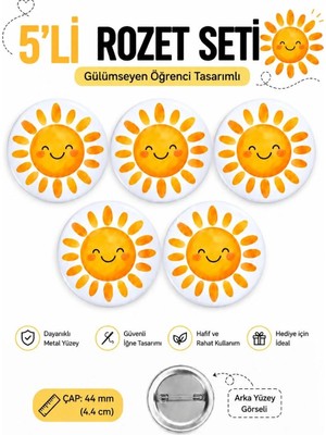 Çalışkan Başarılı Yıldız Gülümseyen Güneş Öğrenci Okul Rozet Seti Ceket-Çanta-Kalemlik-Şapka-Aksesuar Rozeti (44MM) 5 Adet