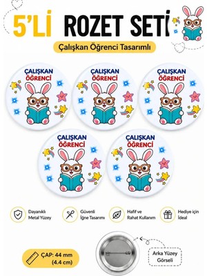 Sevimli Tavşan Çalışkan Başarılı Öğrenci Okul Rozet Seti Ceket-Çanta-Kalemlik-Şapka-Aksesuar Rozeti (44MM) 5 Adet