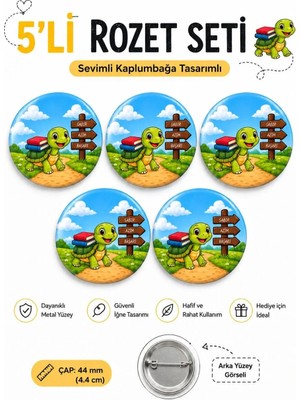 Sevimli Kaplumbağa Çalışkan Başarılı Öğrenci Okul Rozet Seti Ceket-Çanta-Kalemlik-Şapka-Aksesuar Rozeti (44MM) 5 Adet