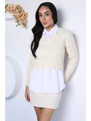 Gülseli Kadın Gömlek Garnili Örgü Detaylı Triko Bluz ( S-M-L Beden Uyumludur) P-00012679