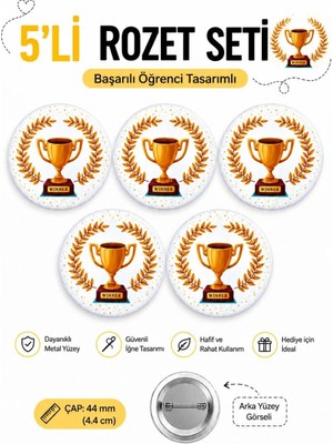 Çalışkan Başarılı Öğrenci Okul Rozet Seti Ceket-Çanta-Kalemlik-Şapka-Aksesuar Rozeti (44MM) 5 Adet