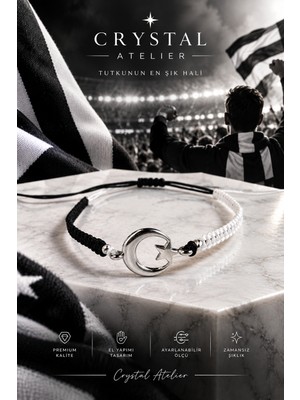 Crystal Atelier Siyah Beyaz Ay Yıldız Makrome Taraftar Bileklik El Yapımı Ayarlanabilir Unisex