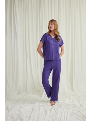 Nightlove Monamise  Kadın Mor  Kısa Kollu Dantelli Pijama Takımı