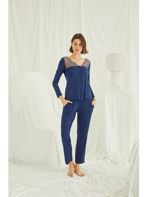 Nightlove Monamise  Kadın Lacivert Dantelli Pijama Takımı