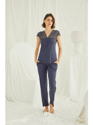 Nightlove Monamise  Kadın Lacivert  Kısa Kollu Dantelli Pijama Takımı