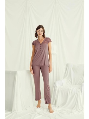 Nightlove Monamise  Kadın Kahve  Kısa Kollu Dantelli Pijama Takımı