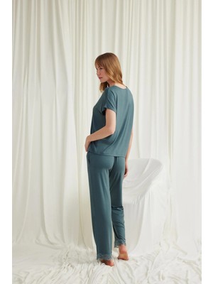 Nightlove Monamise  Kadın Yeşil  Kısa Kollu Dantelli Pijama Takımı