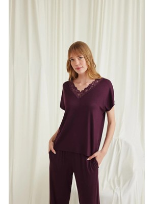 Nightlove Monamise  Kadın Bordo  Kısa Kollu Dantelli Pijama Takımı