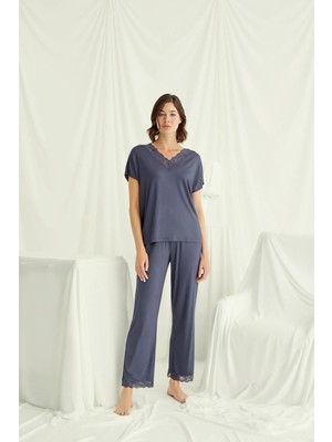 Nightlove Monamise  Kadın Lacivert  Kısa Kollu Dantelli Pijama Takımı