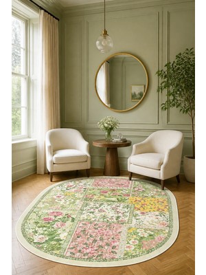 Decomia Home Dijital Kaymaz Oval Yıkanabilir Çiçekli Salon Halısı Mutfak Halısı Koridor Halısı