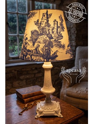Apcasa Decor Vintage Mavi Desen Tasarım Metal Ayak Masa Lambası Abajur Mavi