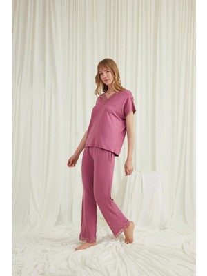 Nightlove Monamise  Kadın Gül Kurusu  Kısa Kollu Dantelli Pijama Takımı