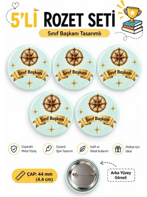 Sınıf Başkanı Öğrenci Okul Rozet Seti Ceket-Çanta-Kalemlik-Şapka-Aksesuar Rozeti (44MM) 5 Adet