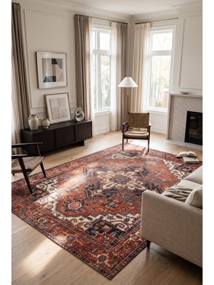Artloop Istanbul Kiremit Madalyonlu Otantik Desenli Vintage Dokuma Tabanlı Şönil Halı Al 672